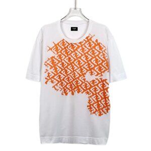 Fendi Mens White & Orange Logo T-Shirt L 100% Cotton Made In Italy